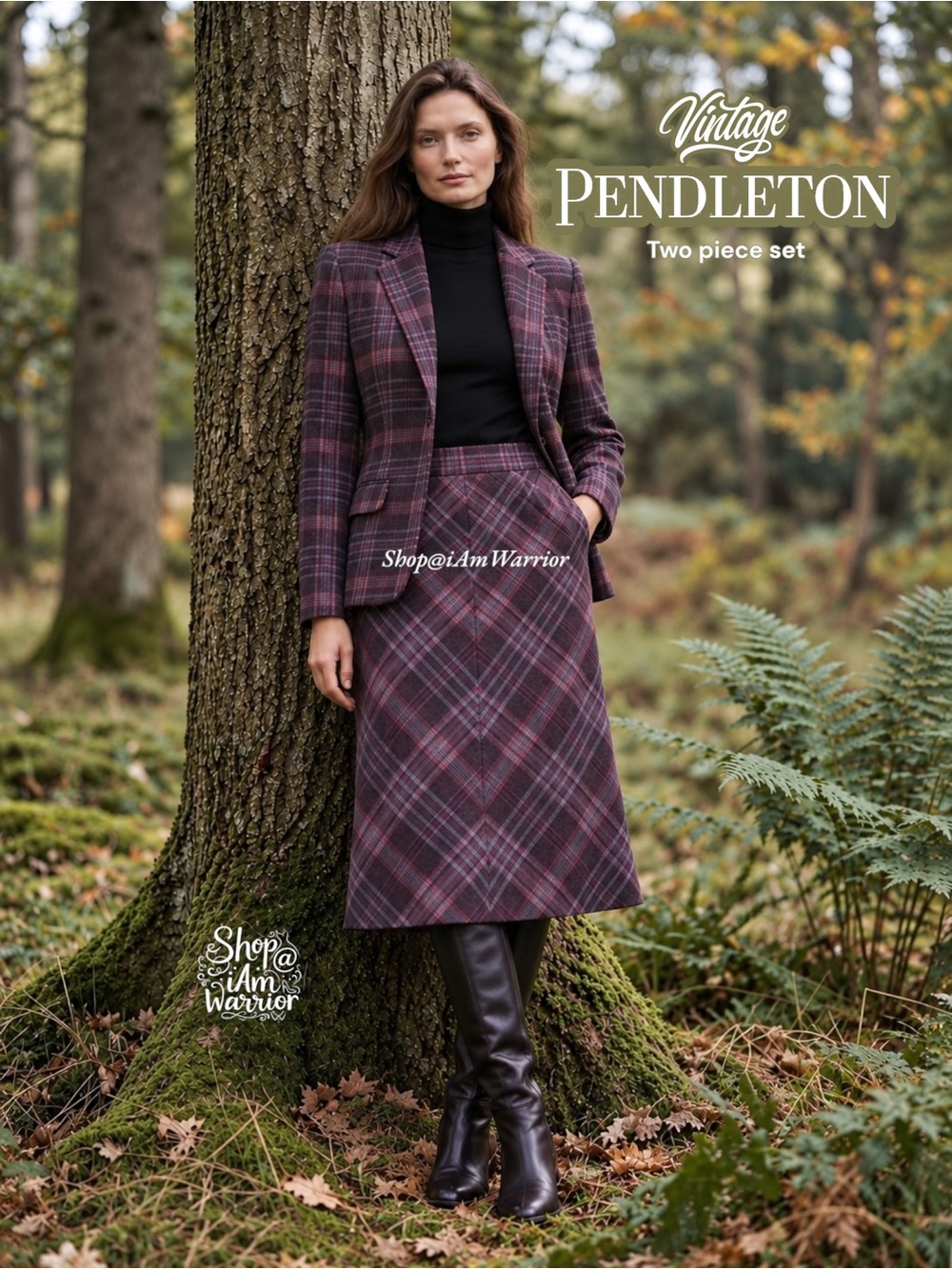 Pendleton RARE 90s Vintage Virgin Wool Plum Plaid Blazer & Bias Midi Skirt Set